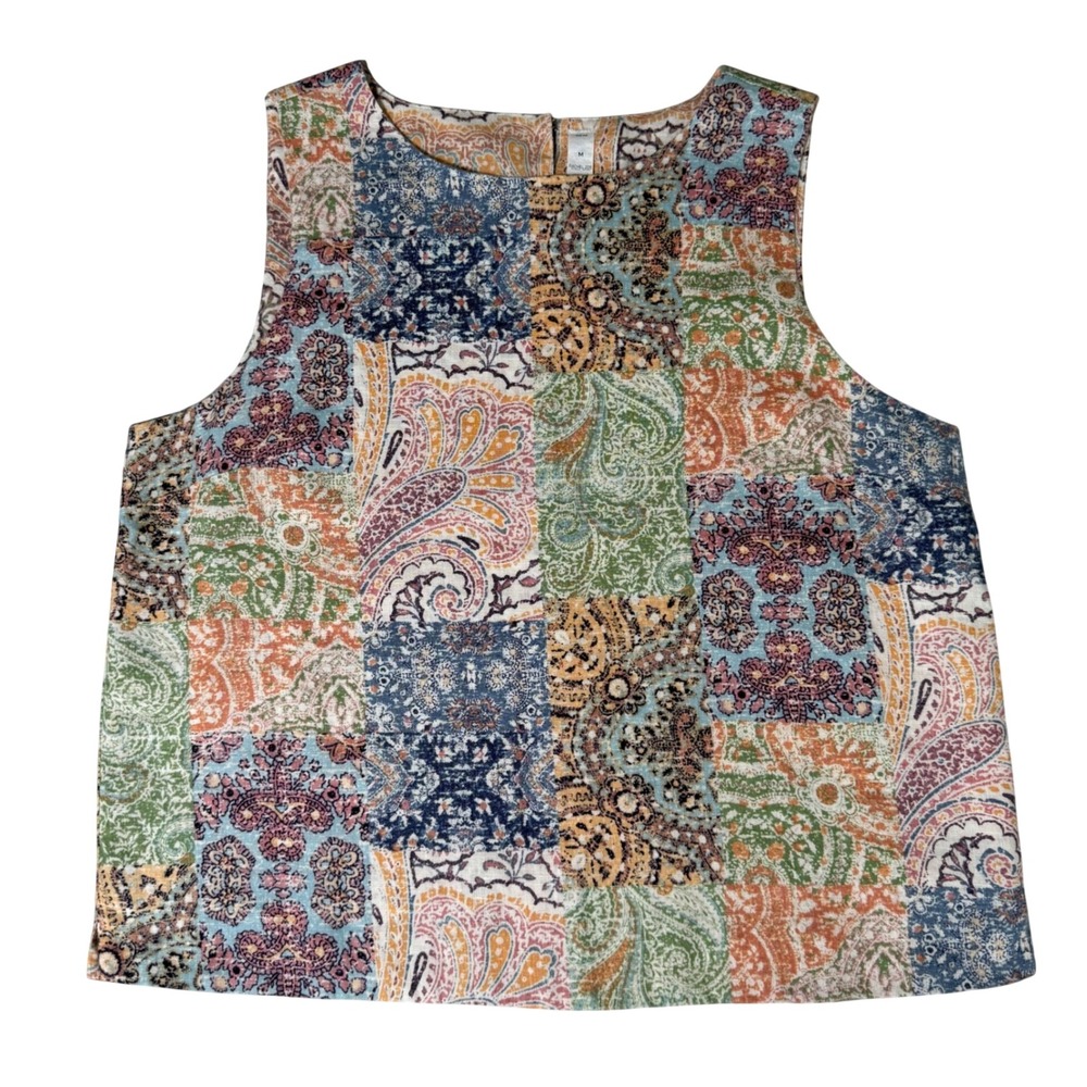 Rachel Zoe Reversible 100% Linen Patchwork Paisley Tank Top M Bohemian Summer